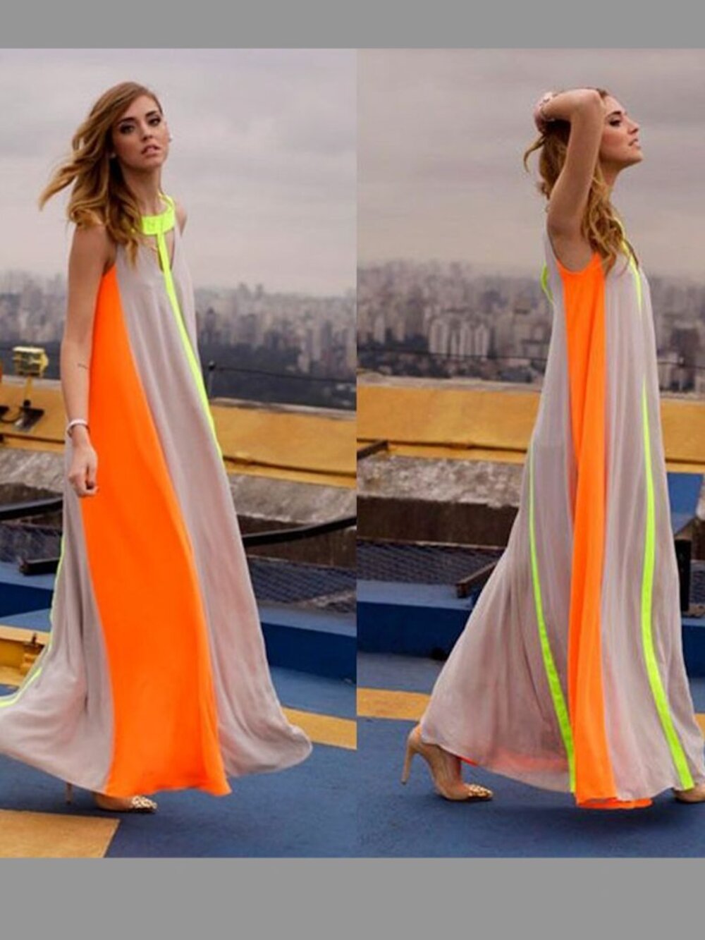 NWT BCBG Wilah Colorblock Neon Maxi Dress Long Orange Gray Relaxed Grecian XS - Picture 12 of 16